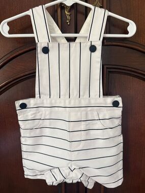 Jacadi Paris Baby Overalls 6M White Navy Striped Shortalls Classic